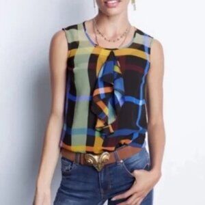 CABI #3865 Going Out Top Plaid Ruffle Sleeveless Blouse Size XL Z51